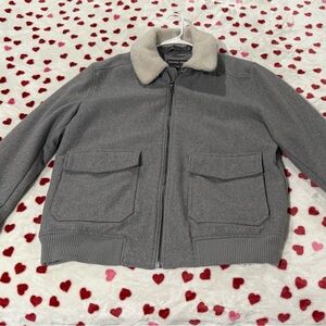 Michael Kors Gray Bomber Jacket with Cream removable Collar and Ribbed Cuffs EUC